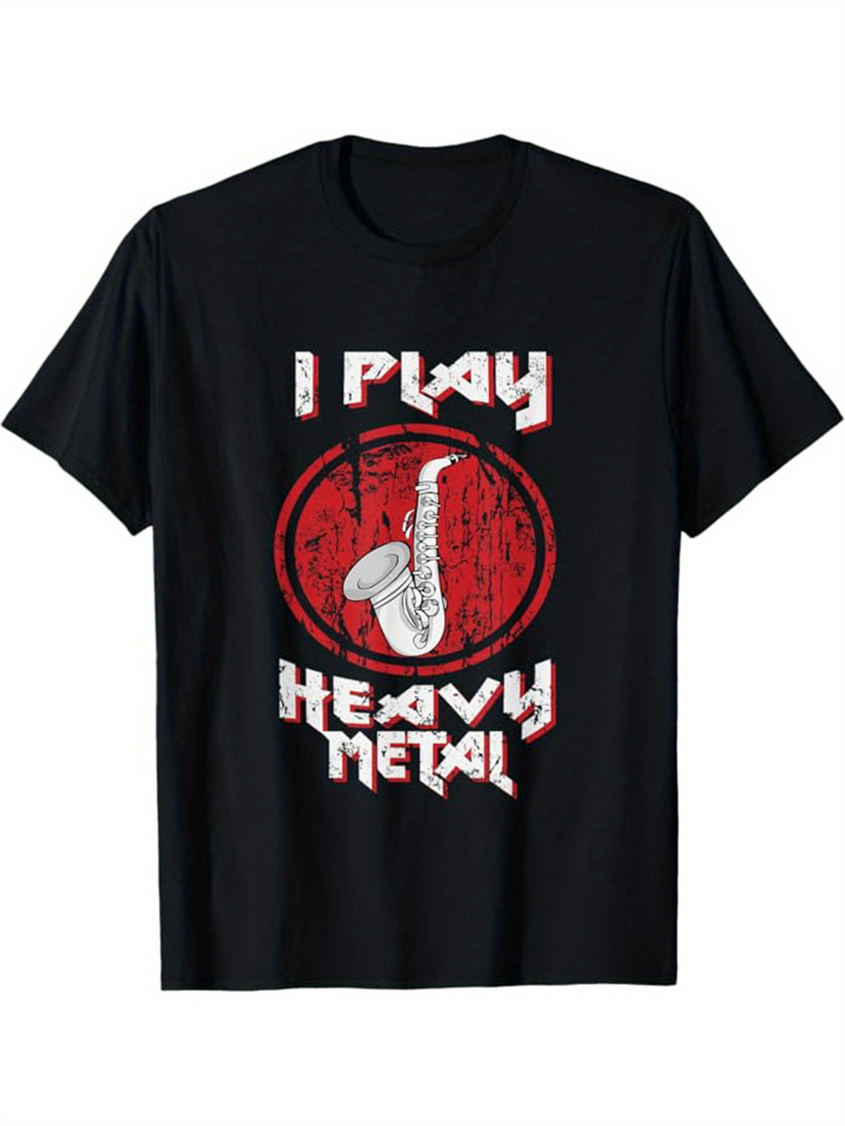 Men's 100% Cotton Jazz Graphic Tee - "I PLAY HEAVY METAL!" Saxophone & Microphone Design, Casual Loose Fit, Short Sleeve Crew Neck T-Shirt, Machine Washable, All-Season Black Shirt for Musicians and Music Enthusiasts, Music Clothes