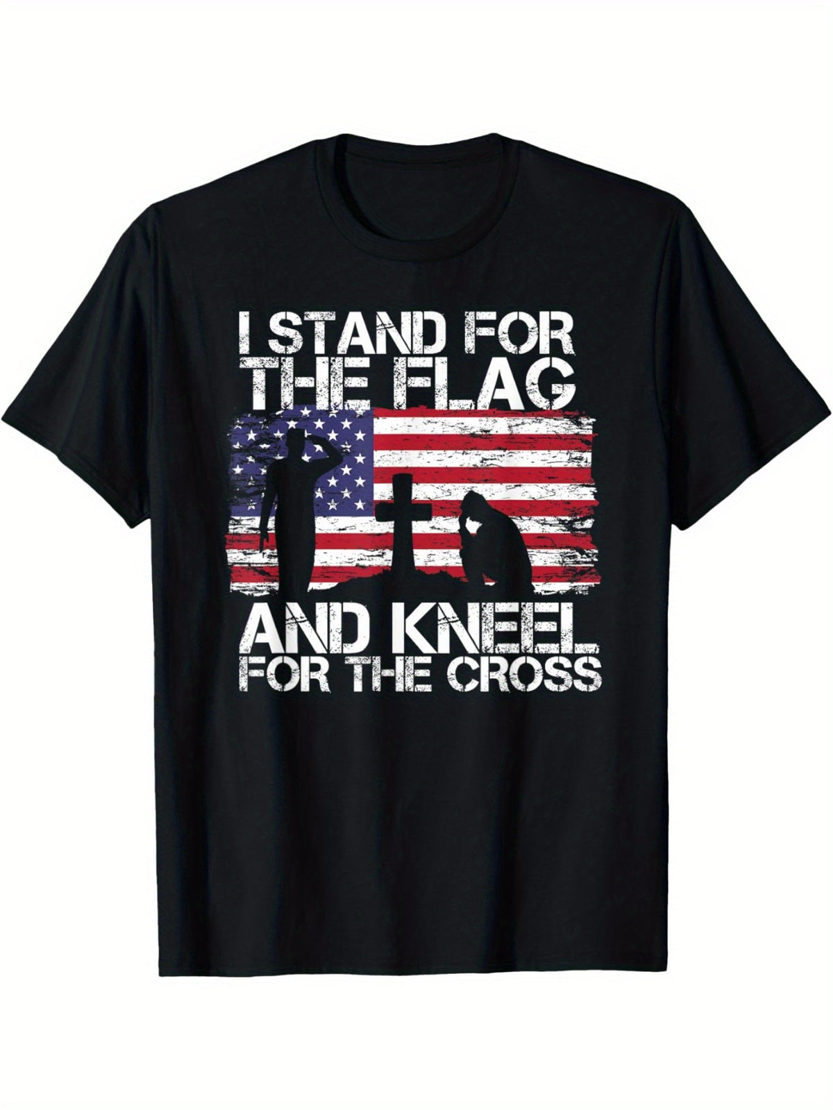 EWH I Stand for The Flag And Kneel for The Cross Patriotic T-Shirt, 100% Cotton Crew Neck Casual Tee with Distressed American Flag & Design, Loose Fit All-Season Knit Fabric for Adults, Religious Apparel | Loose Fit Tee | Knit Construction