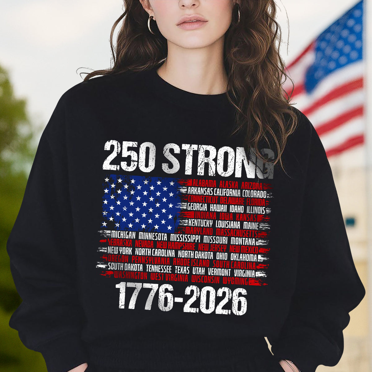 USA 250 Strong Flag American States Patriotic Dark Shirt LM32 895333
