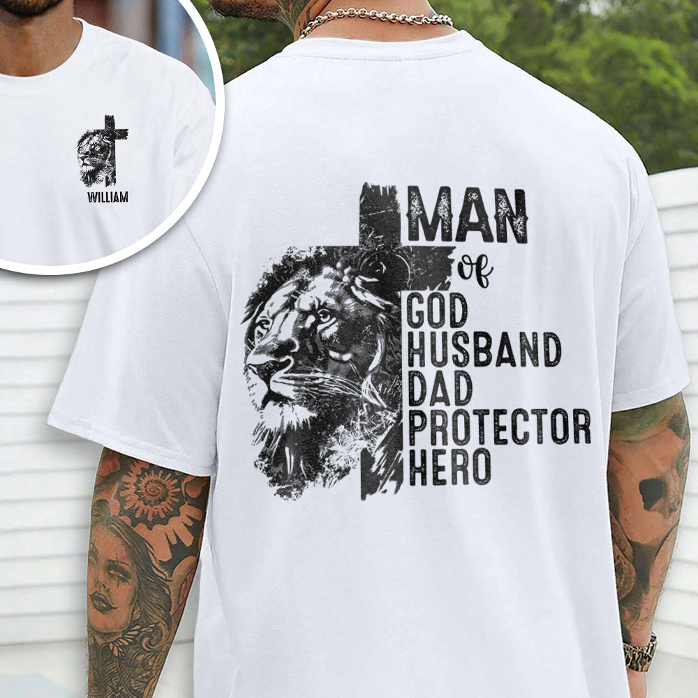 Personalized Christian Lion Cross Man Of God Husband Dad Protector Hero Men Back & Front Shirt TH10 169649