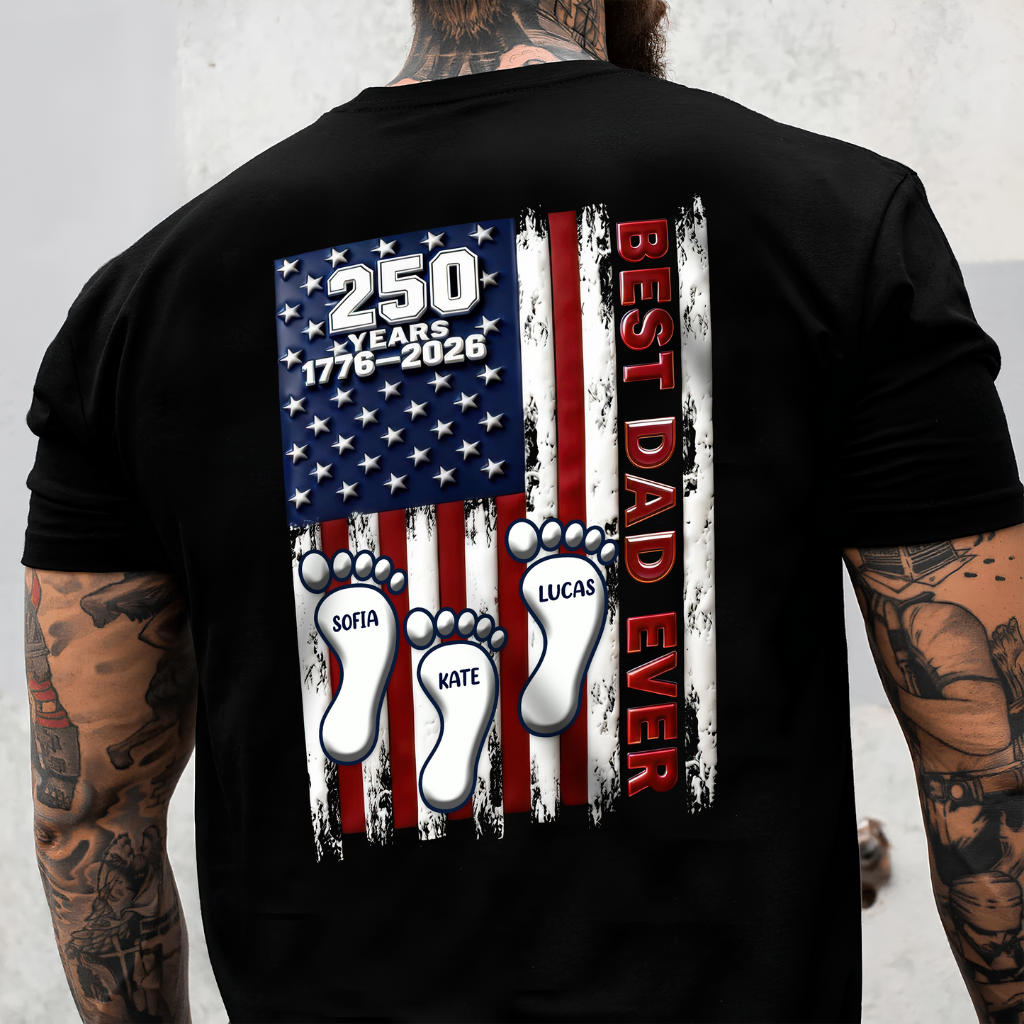 Best Dad Ever USA 250 Years Back Shirt, Custom Footprint Kids Names T-Shirt For Dad CH07 910994