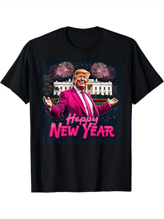 Trump Make New Year Great Again Funny Trump Retro Trendy Printed T-shirt, Men's Casual and Comfortable T-shirt Summer, Men's Short-sleeved Top for Everyday Activities Birthday Gift to Men