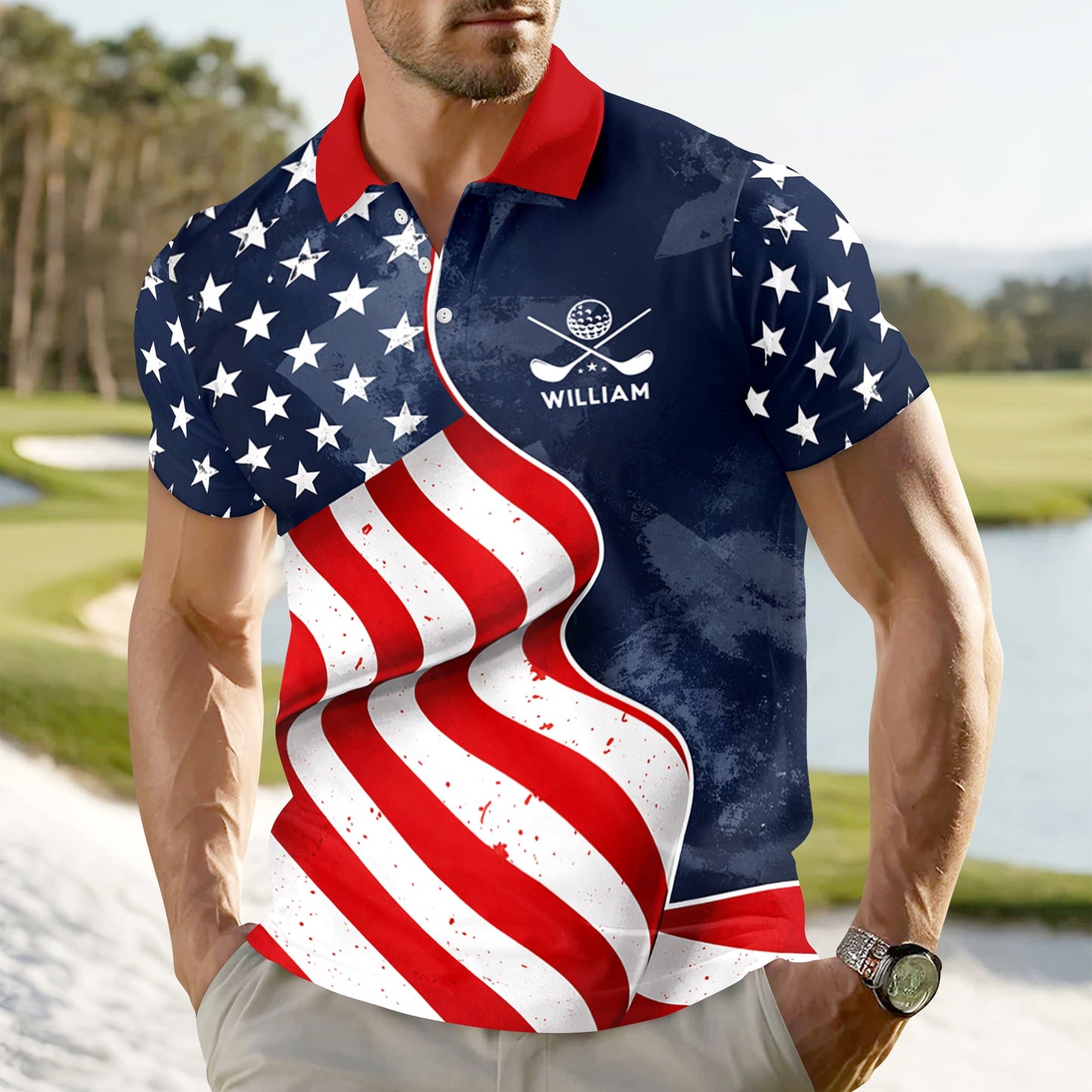 Custom Name America Flag Eagle Polo Shirt - 250th Anniversary Patriotic Gift for Golfers TH10 169565