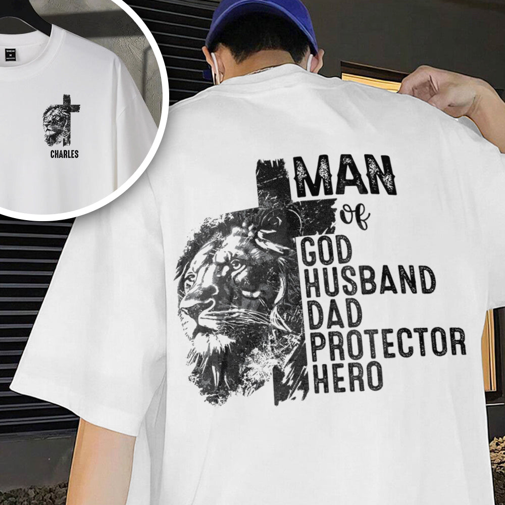 Personalized Christian Lion Cross Man Of God Husband Dad Protector Hero Men Back & Front Shirt TH10 169649