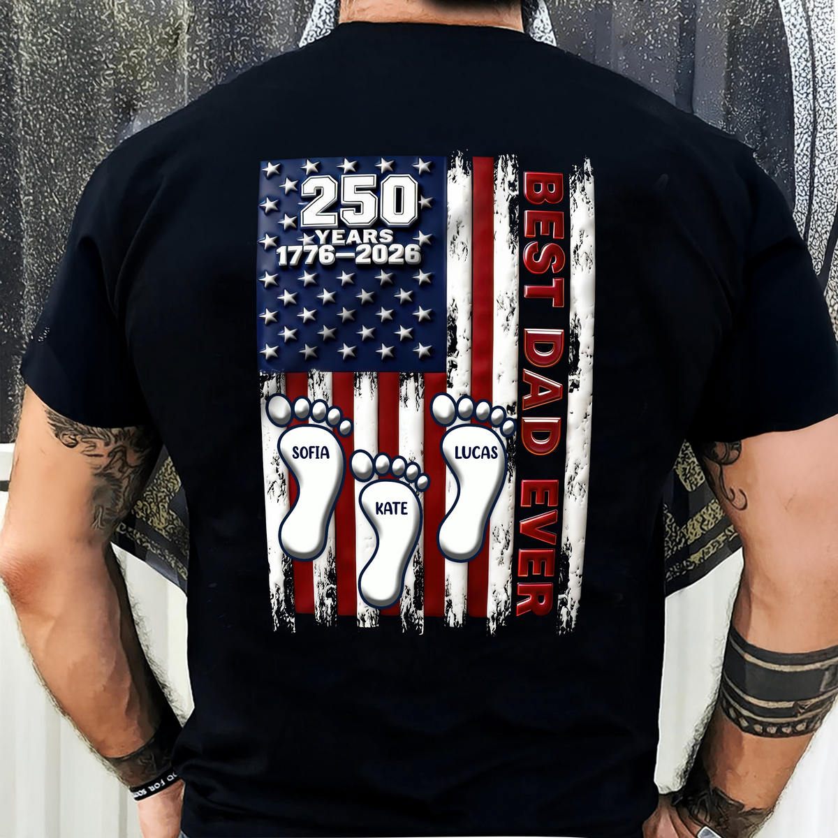 Best Dad Ever USA 250 Years Back Shirt, Custom Footprint Kids Names T-Shirt For Dad CH07 910994