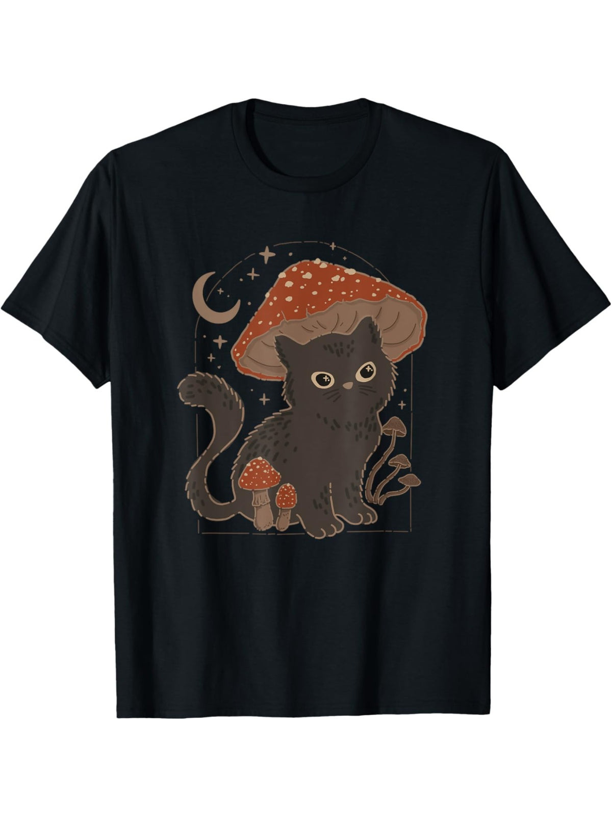 Men's Vintage-Inspired Cat & Mushroom Print T-Shirt - Soft Cotton, Casual Fit for Summer, Perfect Gift Idea, Grunge Aesthetic, Short-sleeved, Birthday Gift