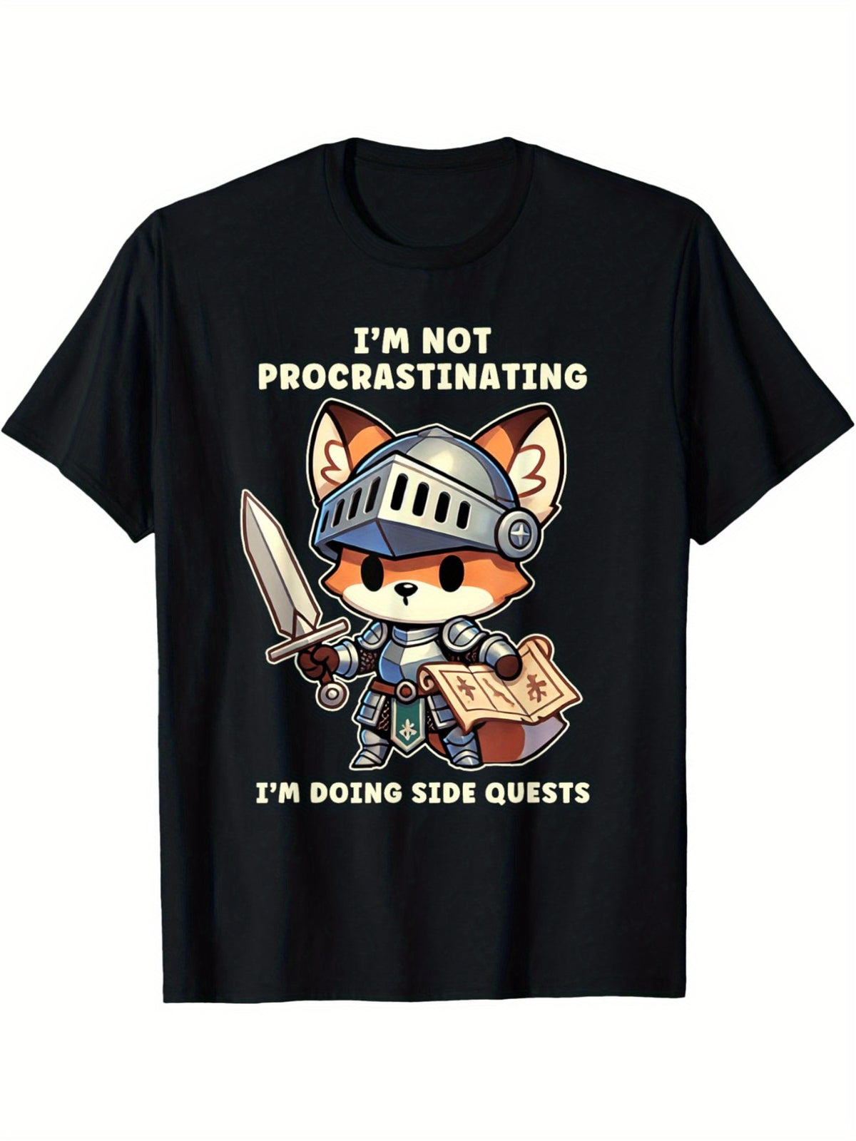 Men's "I'm Not Procrastinating, I'm Doing Side Quests" Graphic T-Shirt - Casual Black Cotton Tee with Knight Fox Design, Comfortable Short-Sleeved Top for Casual Attire & Gifts