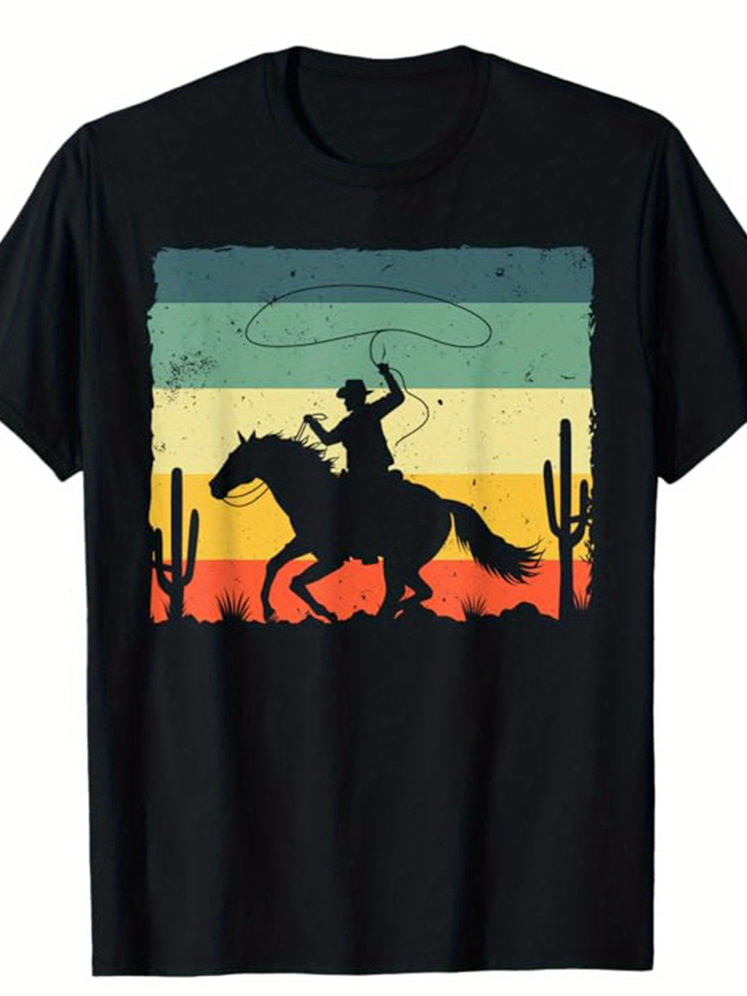 Western Cowboy Print Men's Cotton Top, Casual Short Sleeve Crew Neck T-shirt, Men's Clothing For Outdoor