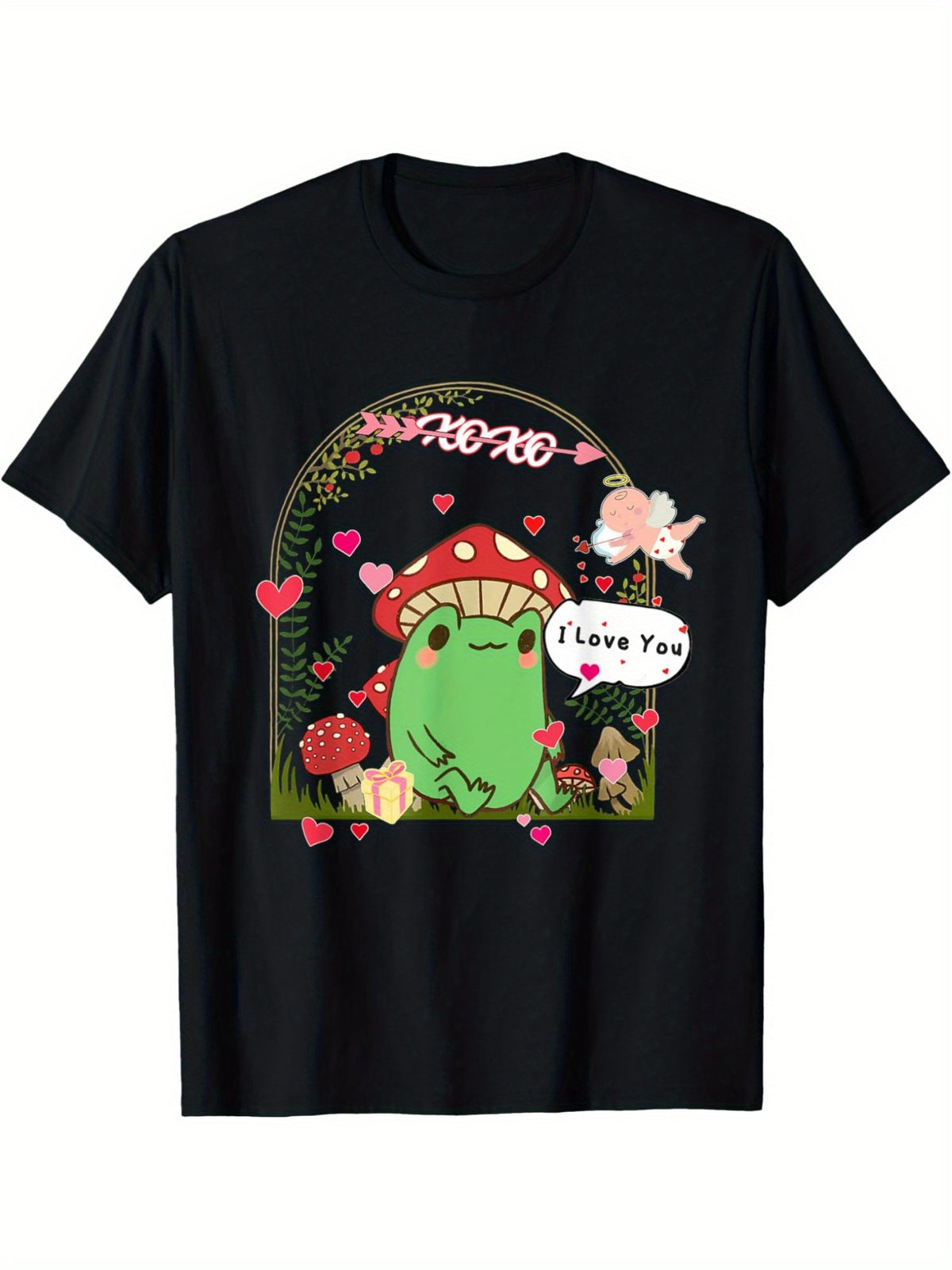 Cottagecore Frog with Mushrooms Funny Valentine'S Day Quotes Retro Trendy Printed T-shirt, Men'S Casual and Comfortable T-shirt Summer, Men'S Short-sleeved Top for Everyday Activities Birthday Gift Valentine'S Day Gift to Men