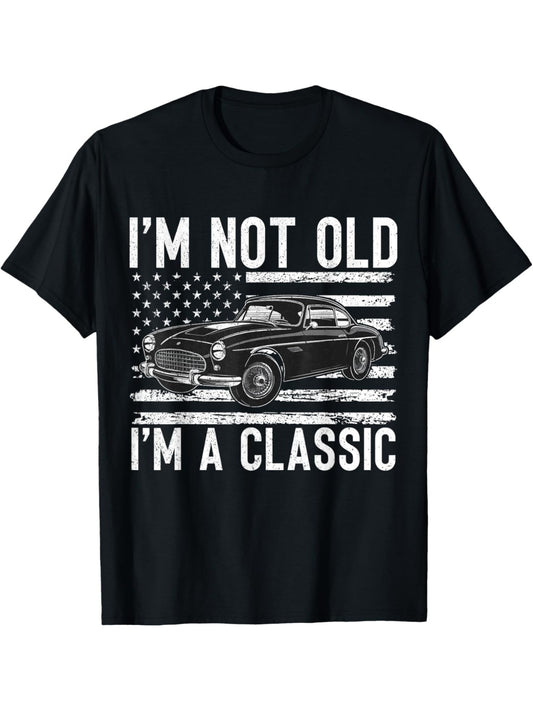 "I'm Not Old, I'm A Classic" Funny Car Graphic T-Shirt - Men's Retro Birthday Gift, Casual Comfortable Short-Sleeved Cotton Top for Everyday Summer Activities, Printed, Trendy, Leisure Style, Conventional Version, Summer