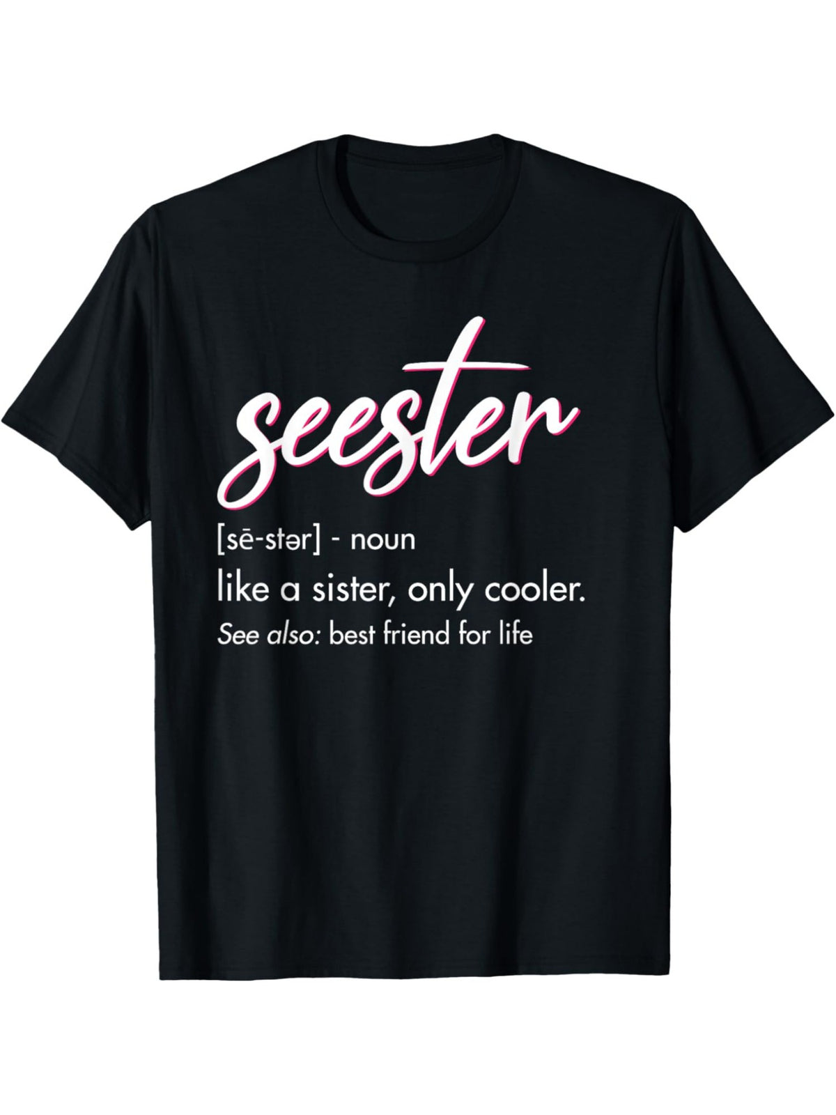 Men's Retro "Seester" Definition Graphic T-Shirt - 100% Cotton Soft Breathable Regular Fit Casual Summer Tee with Pink Cursive Print, Machine Washable Black Top for Casual Attire & Birthday Gifts