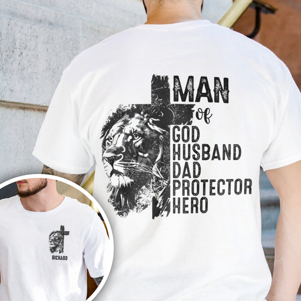 Personalized Christian Lion Cross Man Of God Husband Dad Protector Hero Men Back & Front Shirt TH10 169649