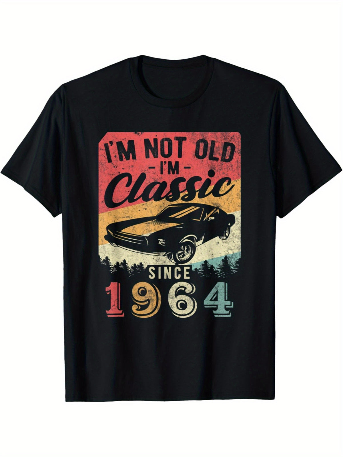 Men's "I'm Not Old I'm Classic" 1964 Vintage Graphic T-Shirt - Retro Casual Summer Tee, 100% Cotton, Short Sleeve, Round Neck, Black with Colorful Stripes & Vintage Car Design, Perfect for Casual Attire or Birthday Gift, Vintage Tshirt