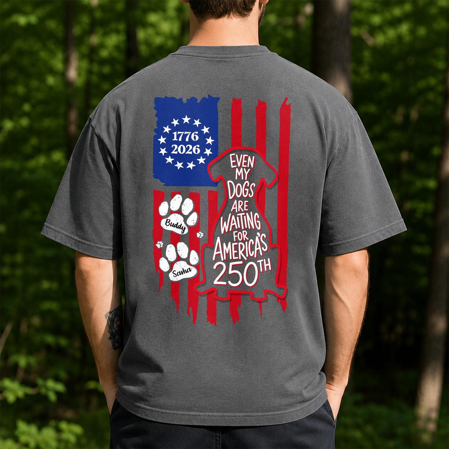 Personalized Even My Dog Is Waiting For America's 250th With US Flag Back Comfort Shirt - Gift For Dog Lovers HO82 902866
