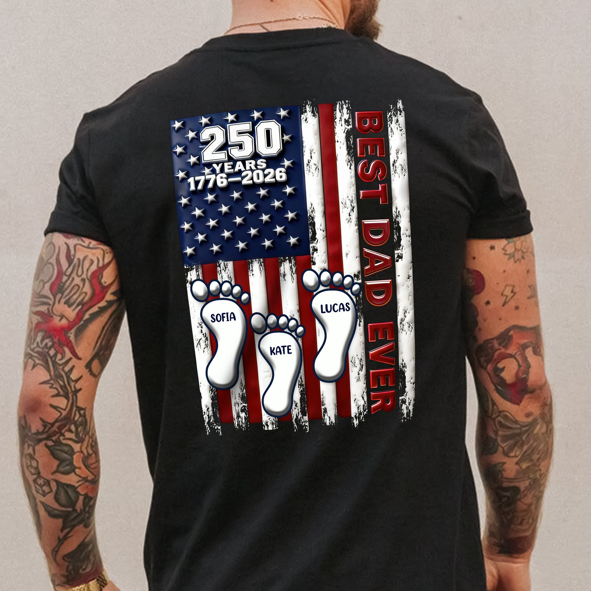 Best Dad Ever USA 250 Years Back Shirt, Custom Footprint Kids Names T-Shirt For Dad CH07 910994