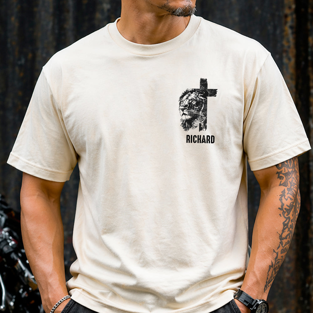 Personalized Christian Lion Cross Man Of God Husband Dad Protector Hero Men Back & Front Shirt TH10 169649