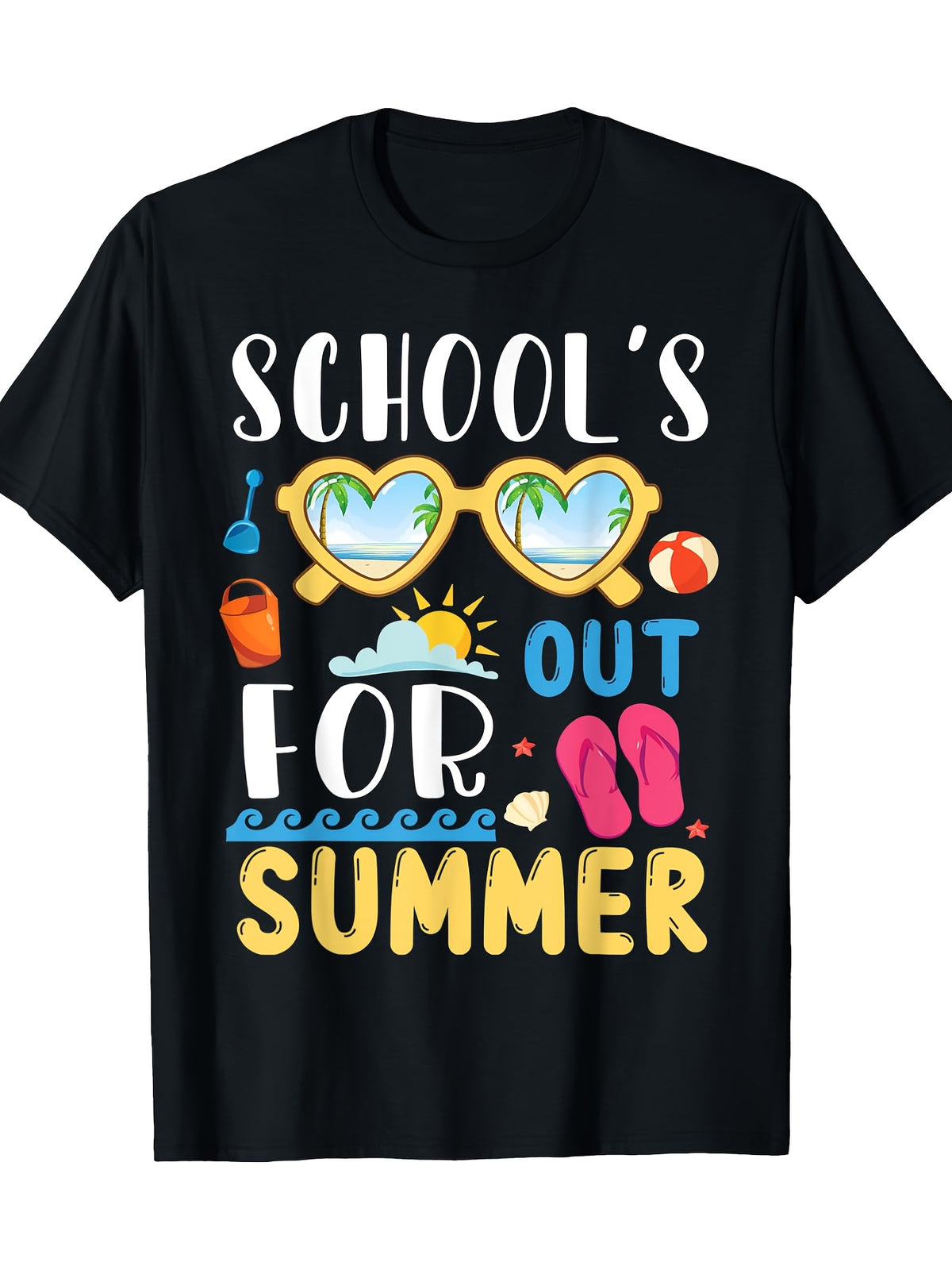 School's Out for Summer Casual T-Shirt, 100% Cotton Crew Neck Tee, Geometric Pattern Short Sleeve Top, All-Season Knit Fabric Pullover for Adults - Regular Fit