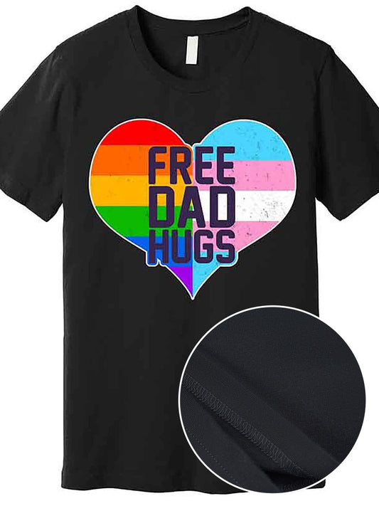 Men's "Free Dad Hugs" Rainbow Heart Graphic T-Shirt - Black Cotton Casual Short Sleeve Tee, LGBT Pride Design, Machine Washable, Fathers Day Tshirt
