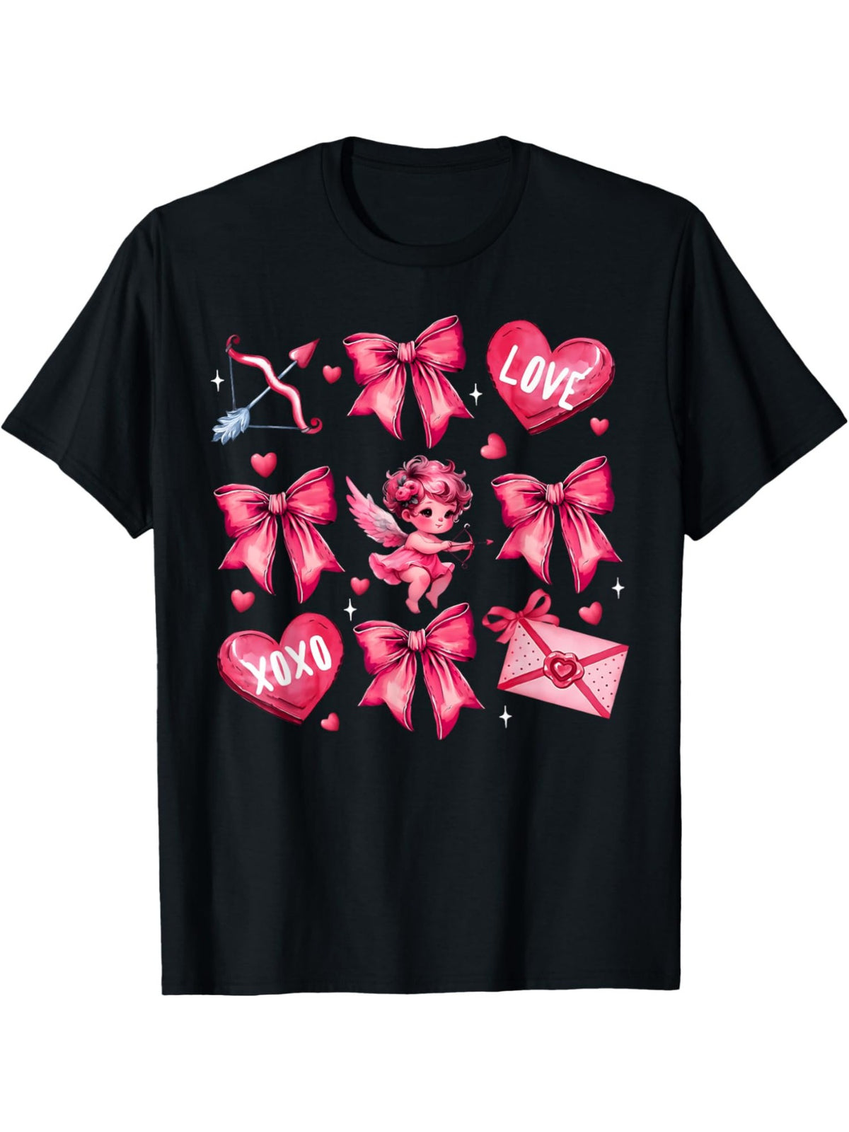 Men's Black Cotton T-Shirt with Playful Cupid & Valentine's Day Quotes - Comfortable, Casual Short-Sleeve Top with Pink Bow & Heart Accents, Ideal for Casual Attire & Gifts