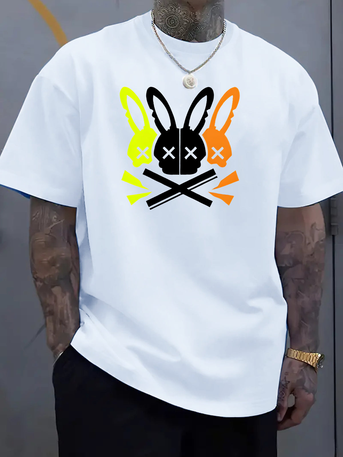 Unique Rabbit Skull Design Crew Neck Tee - Soft, Breathable Polyester, Machine Washable, Quick Drying, Perfect for Summer Outdoor Activities, Casual Daily Wear, and Rabbit Lovers