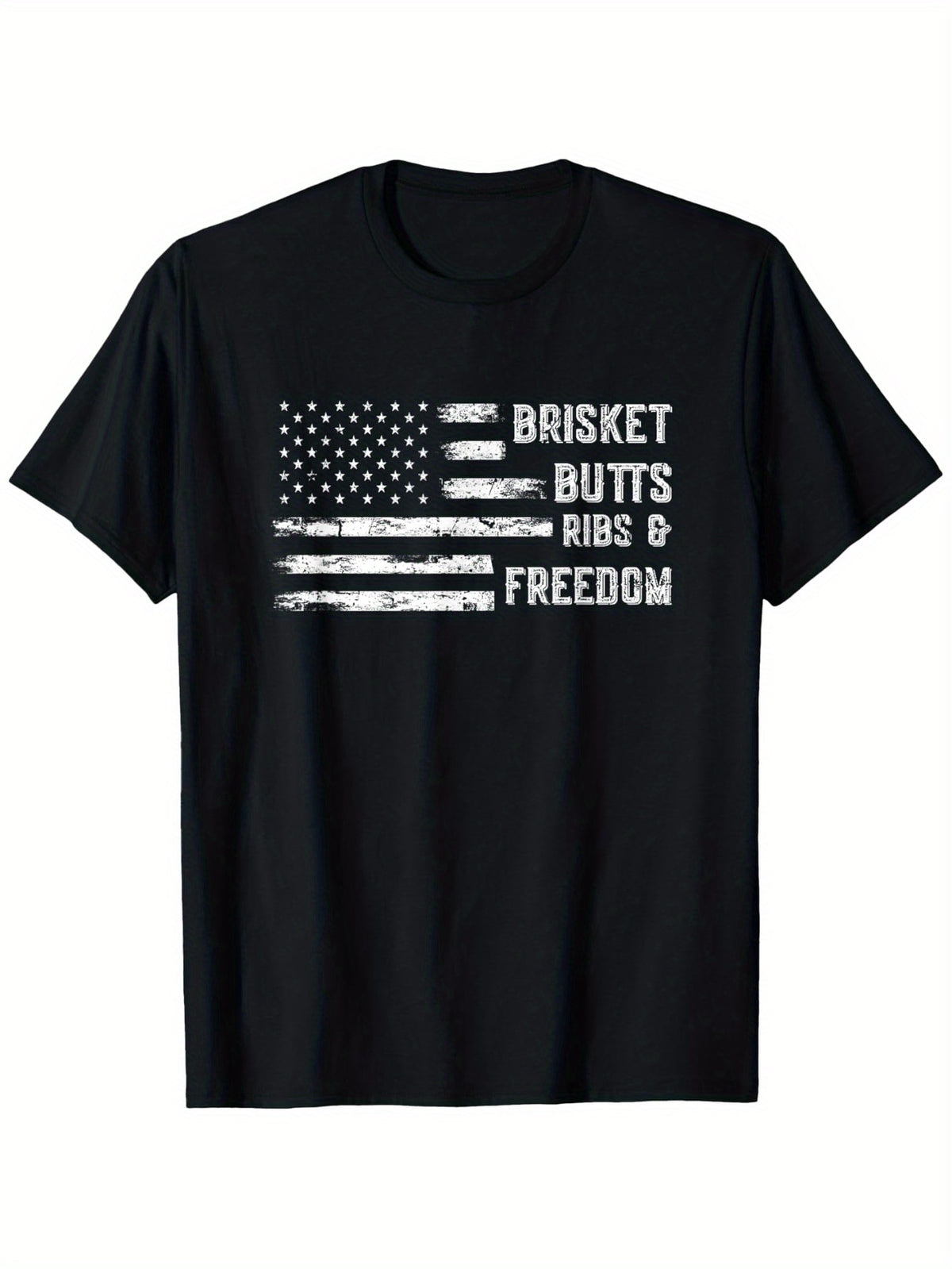 Brisket Butts Ribs and Freedom | BBQ T-Shirt, 100% Cotton T-Shirt, 220g Weight T Shirt for Men, Black Crewneck, S-XXXL, Regular-Fit
