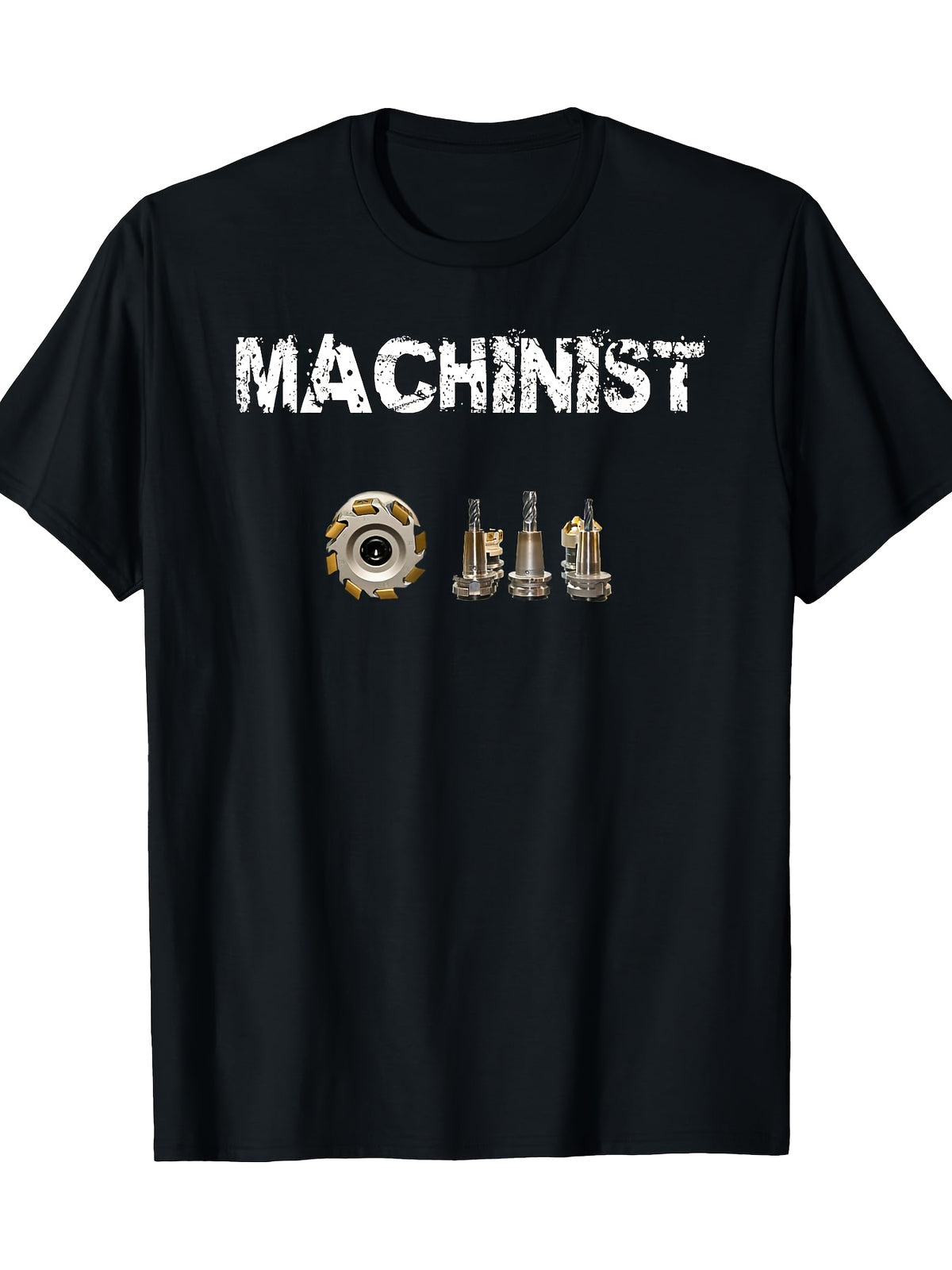 Women's CNC Machinist Gift T-Shirt - Black Distressed Lettering & Tool Graphics, Casual Short Sleeve Round Neck Tee, Machine Washable Apparel for Female Machinists & Engineering Professionals, Professional Casualwear, Graphic Tee, Durable Print