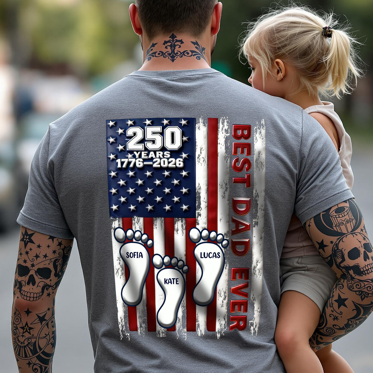 Best Dad Ever USA 250 Years Back Shirt, Custom Footprint Kids Names T-Shirt For Dad CH07 910994