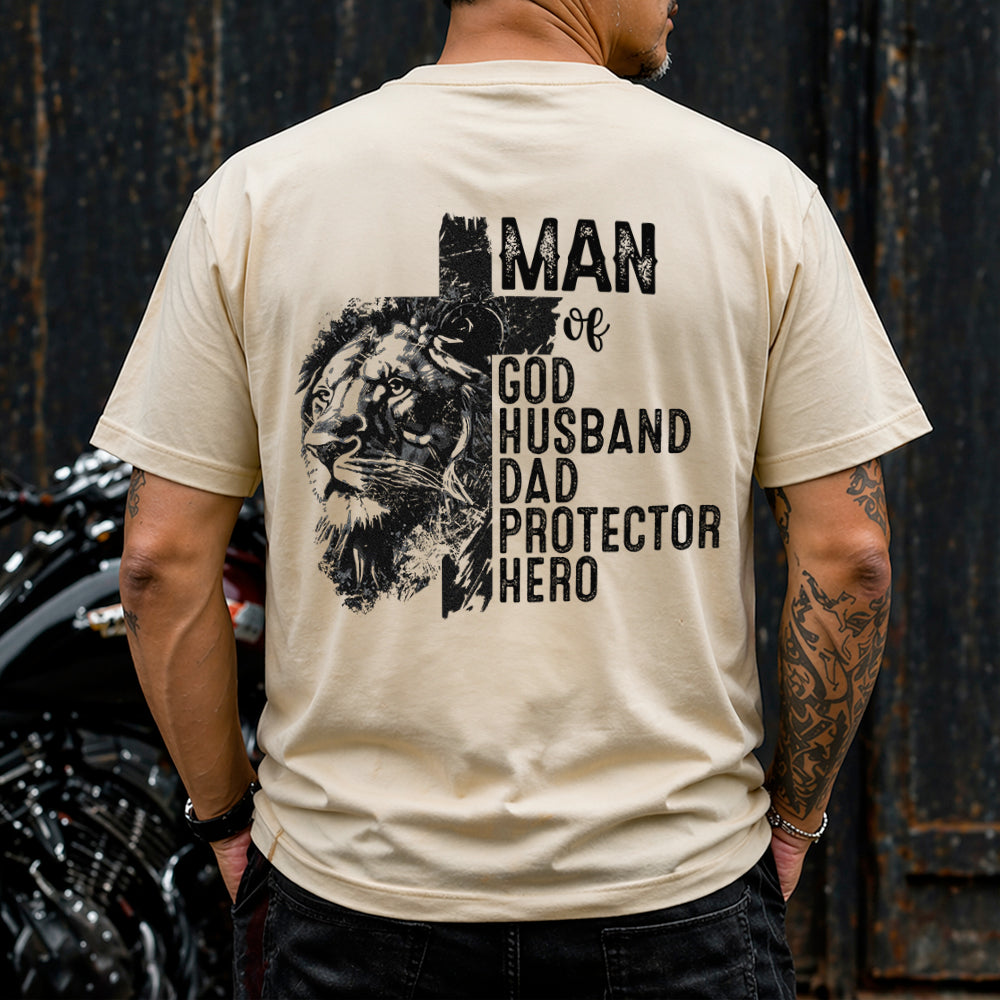 Personalized Christian Lion Cross Man Of God Husband Dad Protector Hero Men Back & Front Shirt TH10 169649
