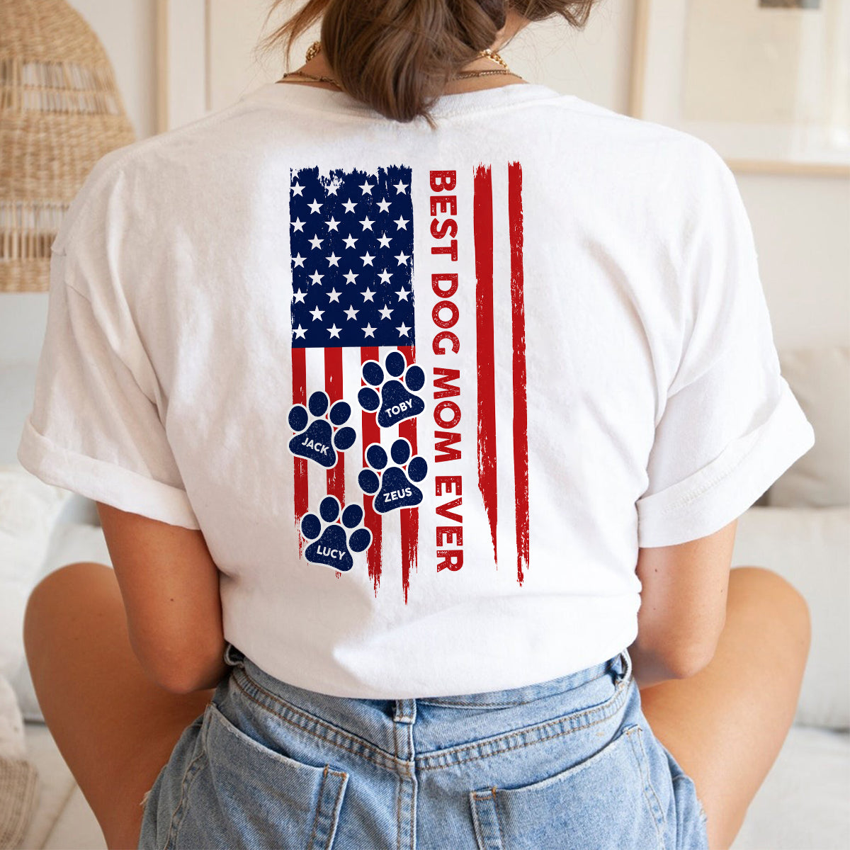 Custom Name Best Dog Dad, Dog Mom Ever American Flag Back Bright Shirt TH10 169833