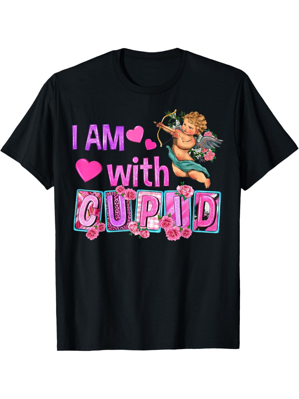 I Am With Cupid Funny Valentine'S Day Quotes Retro Trendy Printed T-shirt, Men'S Casual and Comfortable T-shirt Summer, Men'S Short-sleeved Top for Everyday Activities Birthday Gift Valentine'S Day Gift to Men