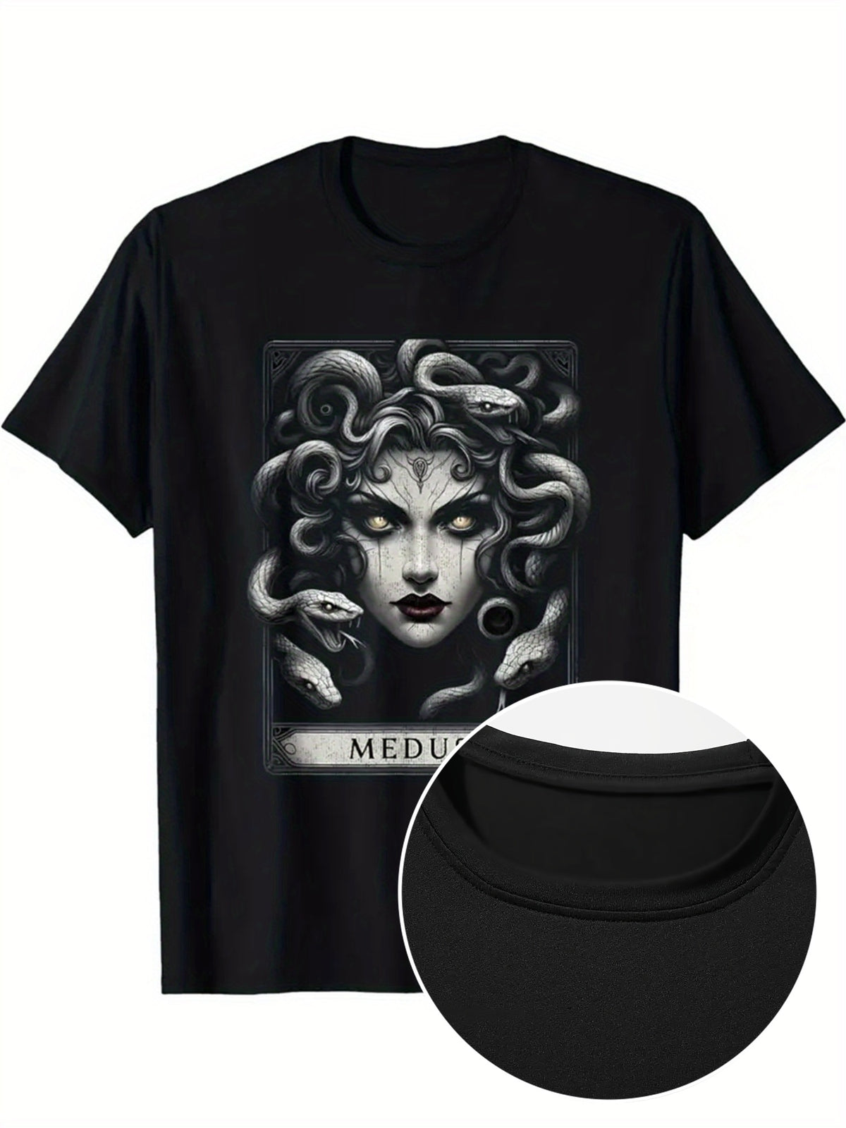 Men's Plus Size Casual T-Shirt with Medusa Graphic Print - Soft Cotton, Crew Neck, Short Sleeve, Stretch Knit Fabric, Comfort Fit for Summer, PLUS SIZE