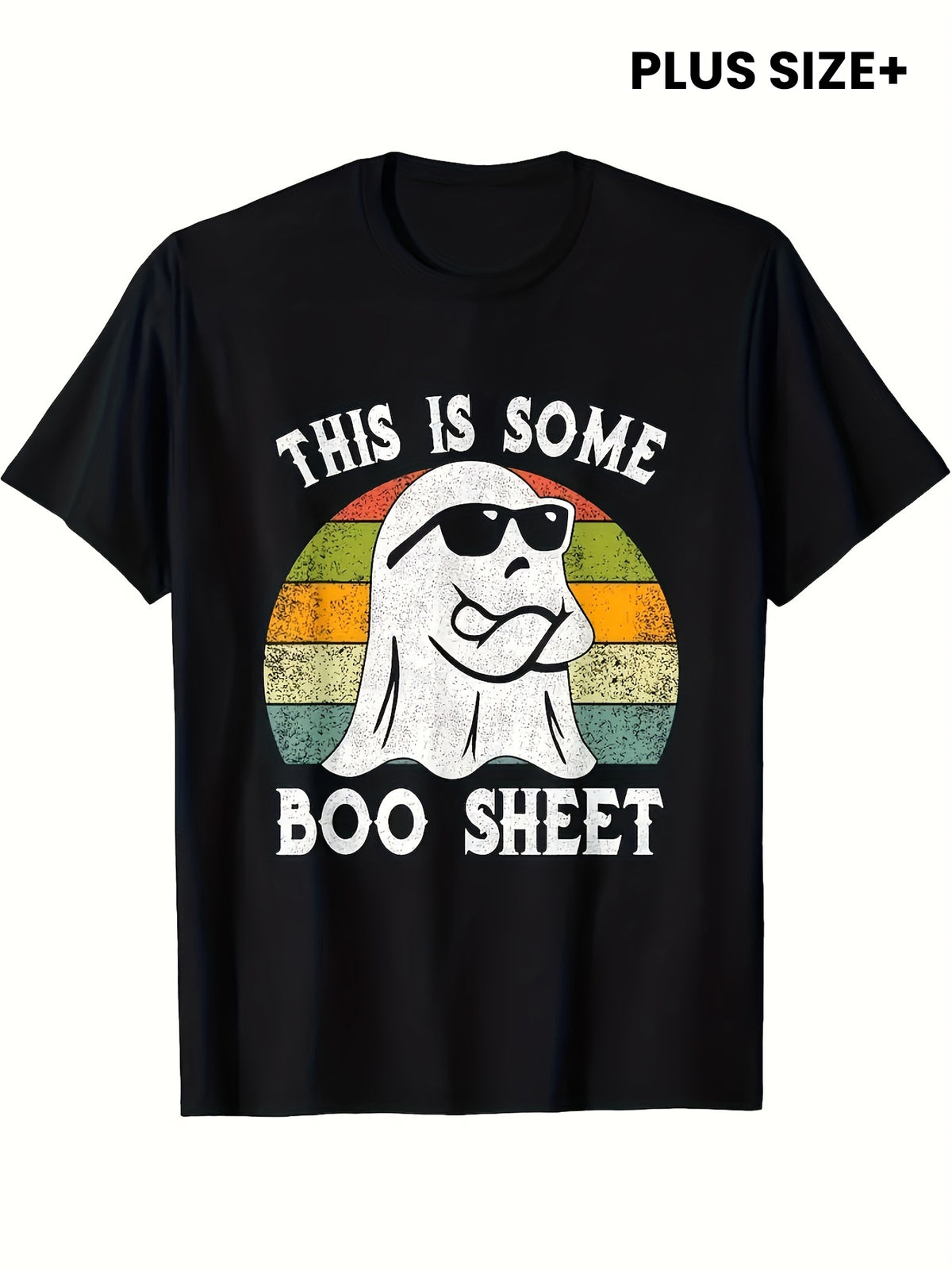 Plus Size Printed Men's Casual Crew-neck Loose and Breathable BOO SHEET T-shirt for Everyday Activities and Halloween Gifts