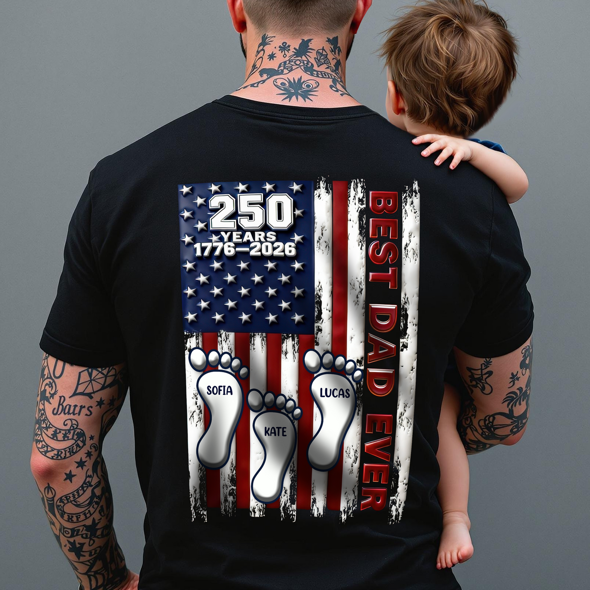 Best Dad Ever USA 250 Years Back Shirt, Custom Footprint Kids Names T-Shirt For Dad CH07 910994