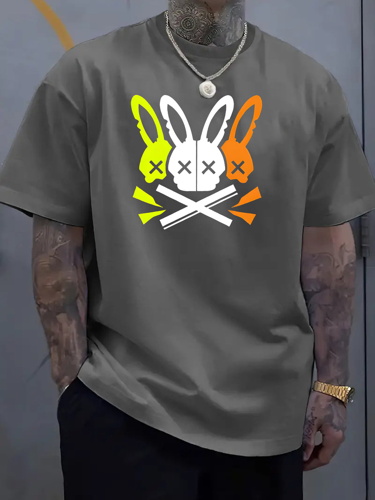 Unique Rabbit Skull Design Crew Neck Tee - Soft, Breathable Polyester, Machine Washable, Quick Drying, Perfect for Summer Outdoor Activities, Casual Daily Wear, and Rabbit Lovers