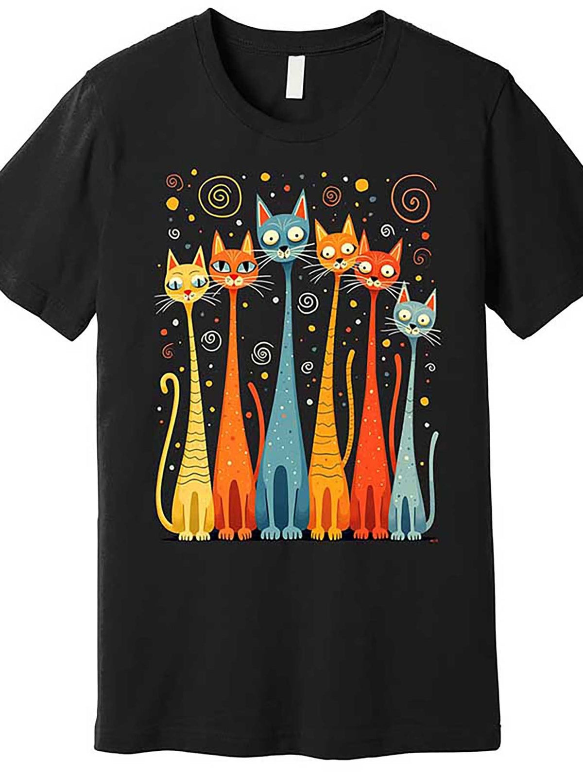 Men'S Vintage-Inspired Cotton T-Shirt, Casual Crew Neck, Medium Stretch Knit Fabric, Regular Fit, with Long Neck Cat Print, for Casual Short Sleeve Graphic Tee