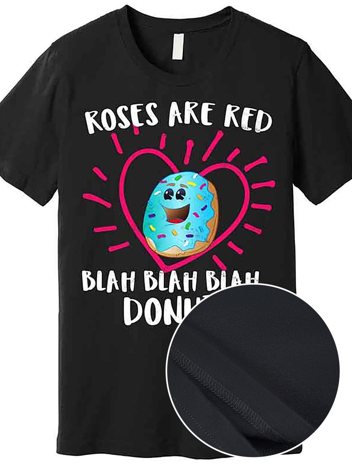 Men’s Funny Valentine’s Day Donut Graphic T-Shirt - "Roses Are Red, Blah Blah Blah" Design, Black Cotton Short Sleeve Tee, Casual & Comfortable Fit, Machine Washable, Valentine's Day T-Shirts