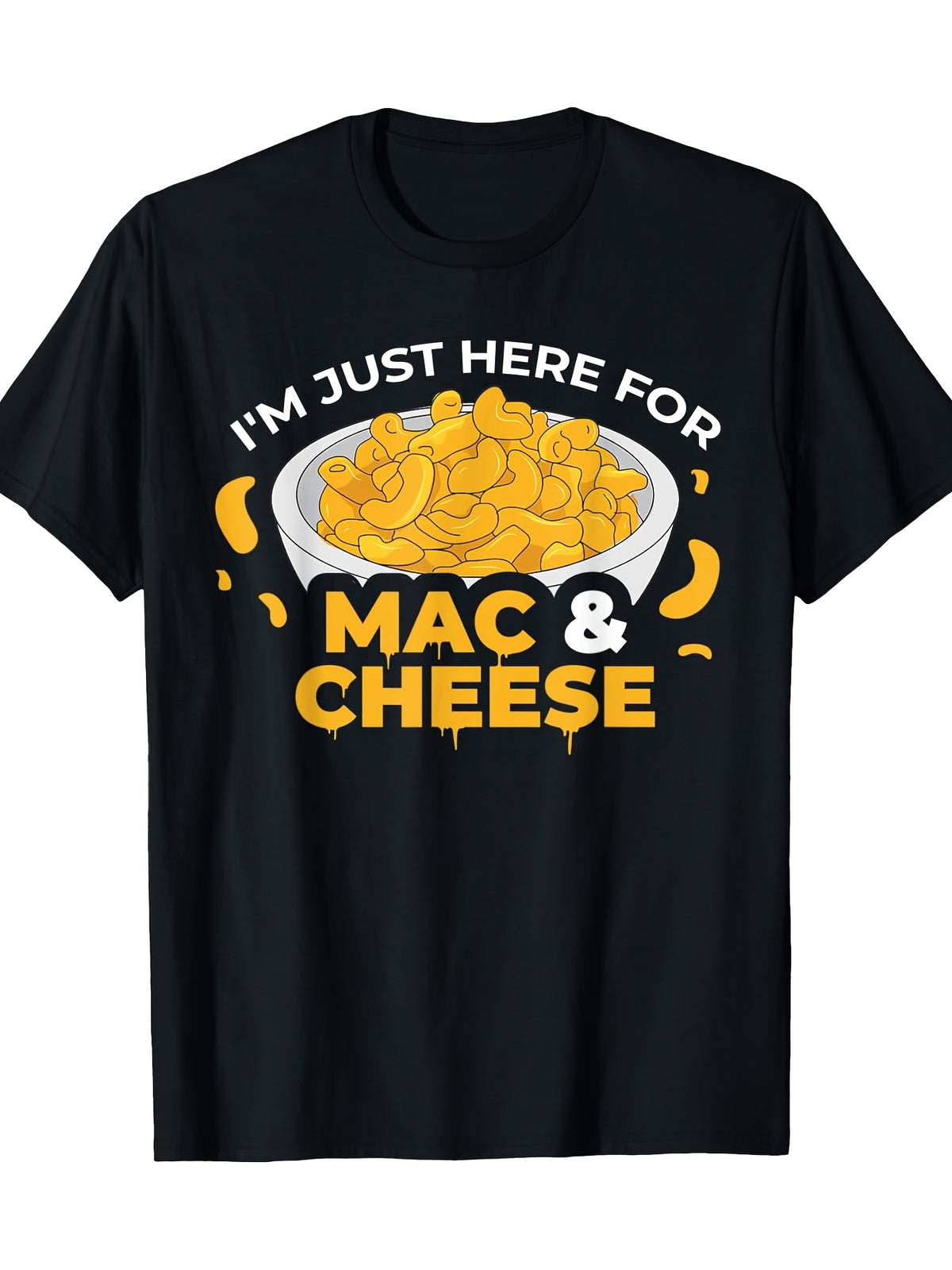 I'm Just Here for Mac & Cheese" Humorous Cotton T-Shirt - 100% Pure Cotton, Short Sleeve, Crew Neck in Black with Golden Text - Casual All-Season Wear for Adults