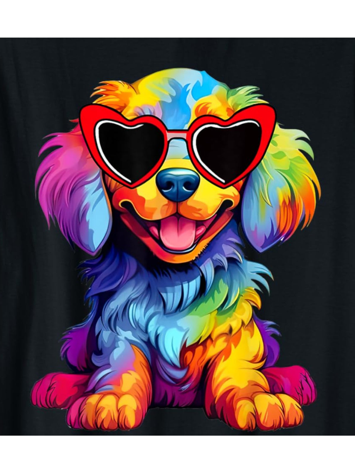 Men's Rainbow Puppy Love T-Shirt - Casual Black Cotton Tee with Colorful Glasses-Wearing Dog, Comfortable Short-Sleeve Top for Casual Attire & Gifts