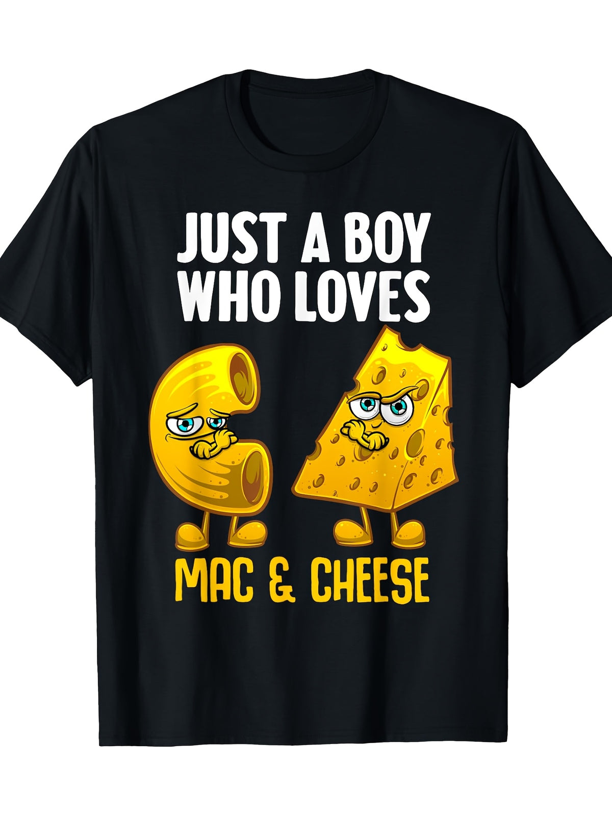 Men's "Just a Boy Who Loves Mac & Cheese" Graphic Tee - 100% Cotton, Casual Round Neck T-Shirt with Cartoon Design, Short Sleeves, All-Season Wear
