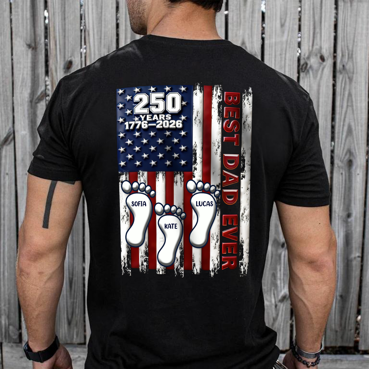 Best Dad Ever USA 250 Years Back Shirt, Custom Footprint Kids Names T-Shirt For Dad CH07 910994