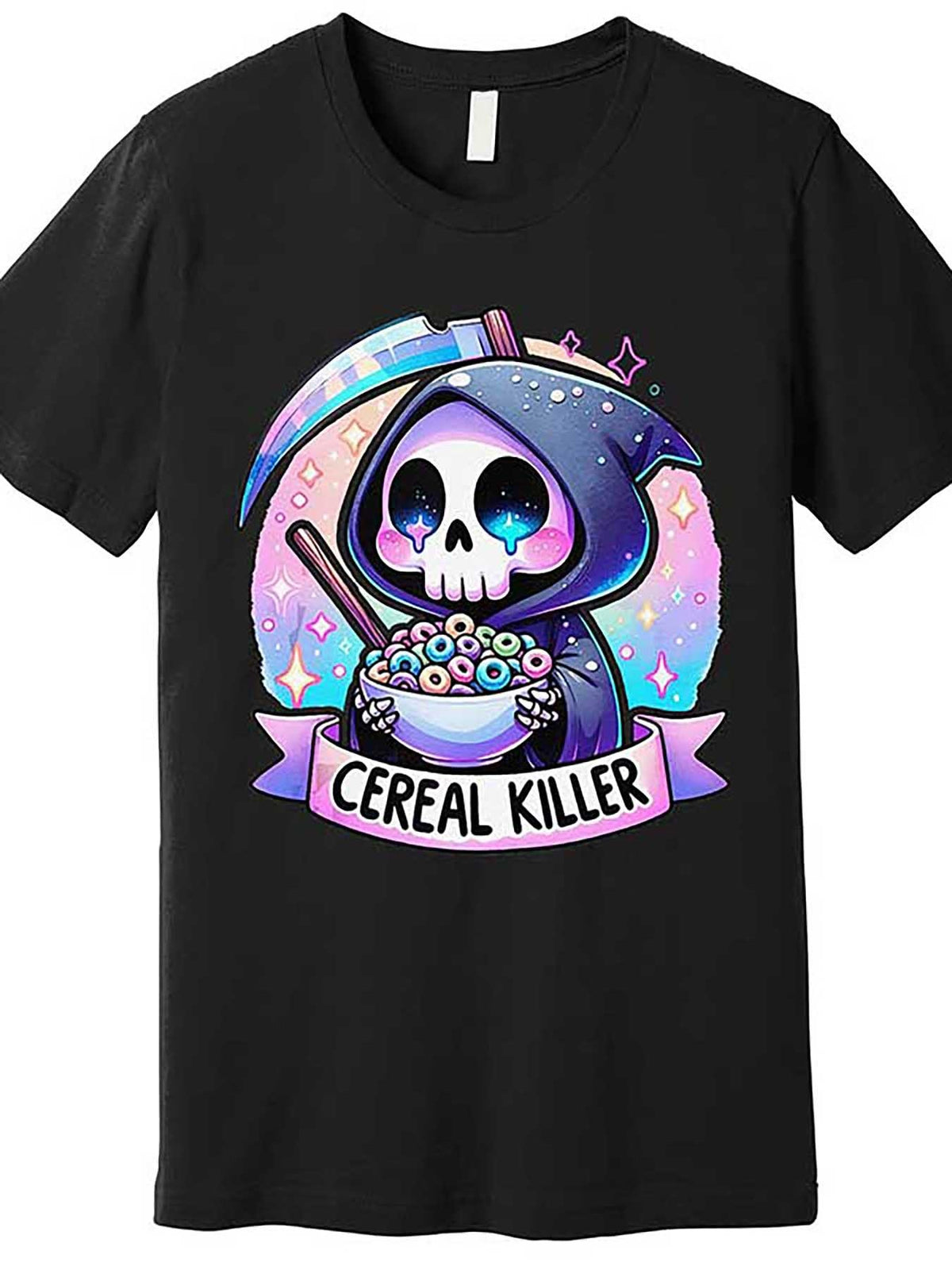 Skull & Cereal Bowl Graphic Tee - Men's Casual Cotton T-Shirt, Breathable & Stretchy, Machine Washable - Black