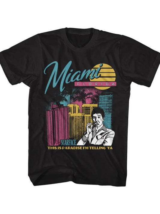 [Cotton Scarface Graphic Tee] 100% Cotton Scarface Miami Florida Graphic Tee - Crew Neck, Short Sleeve, Casual Shirt for Men & Women
