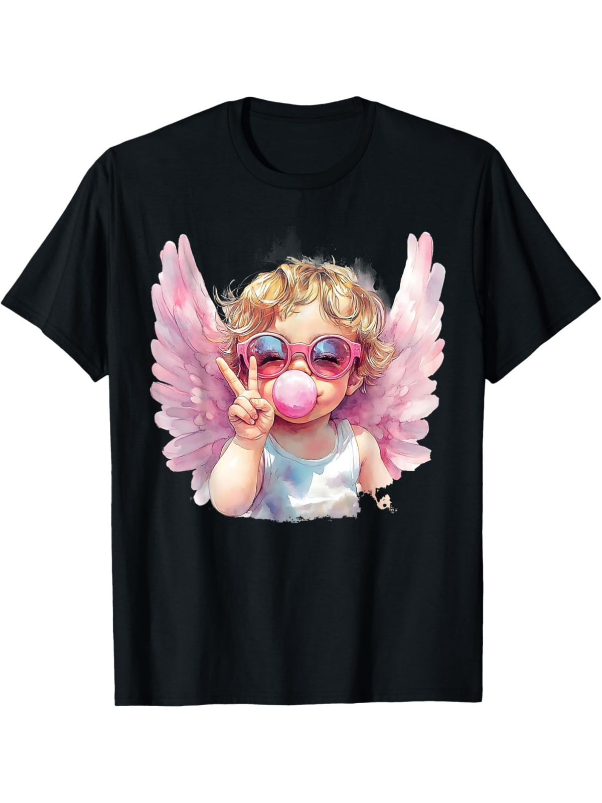 Cute Cupid Blowing Bubble Gum Fashion Glasses Funny Valentine's Day Quotes Retro Trendy Printed T-shirt, Men's Casual and Comfortable T-shirt Summer, Men's Short-sleeved Top for Everyday Activities Birthday Gift Valentine's Day Gift to Men