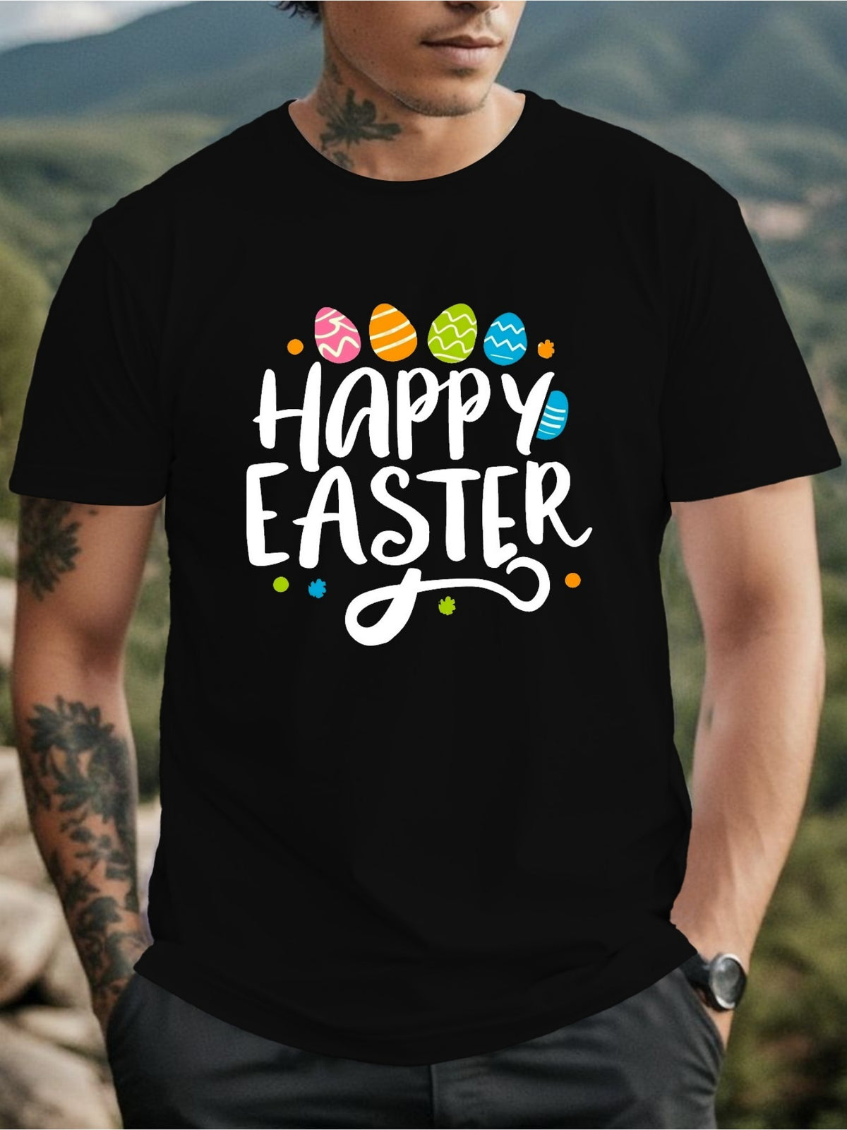 Men's Happy Easter Vintage-Inspired Cotton T-Shirt - Soft & Comfortable Crew Neck, Colorful Egg Print, Ideal for Summer Outdoor Activities - Perfect Easter Gift
