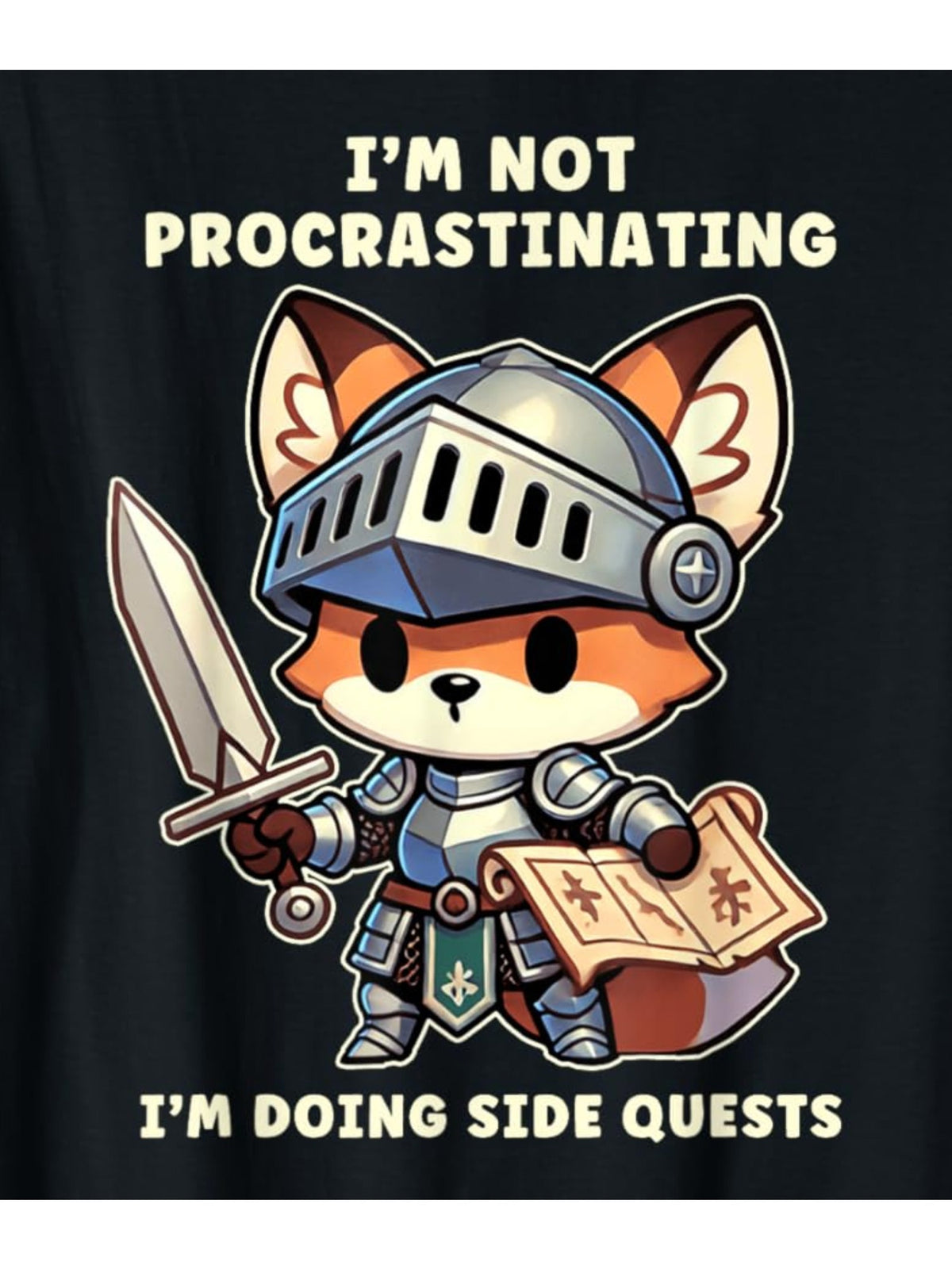 Men's "I'm Not Procrastinating, I'm Doing Side Quests" Graphic T-Shirt - Casual Black Cotton Tee with Knight Fox Design, Comfortable Short-Sleeved Top for Casual Attire & Gifts