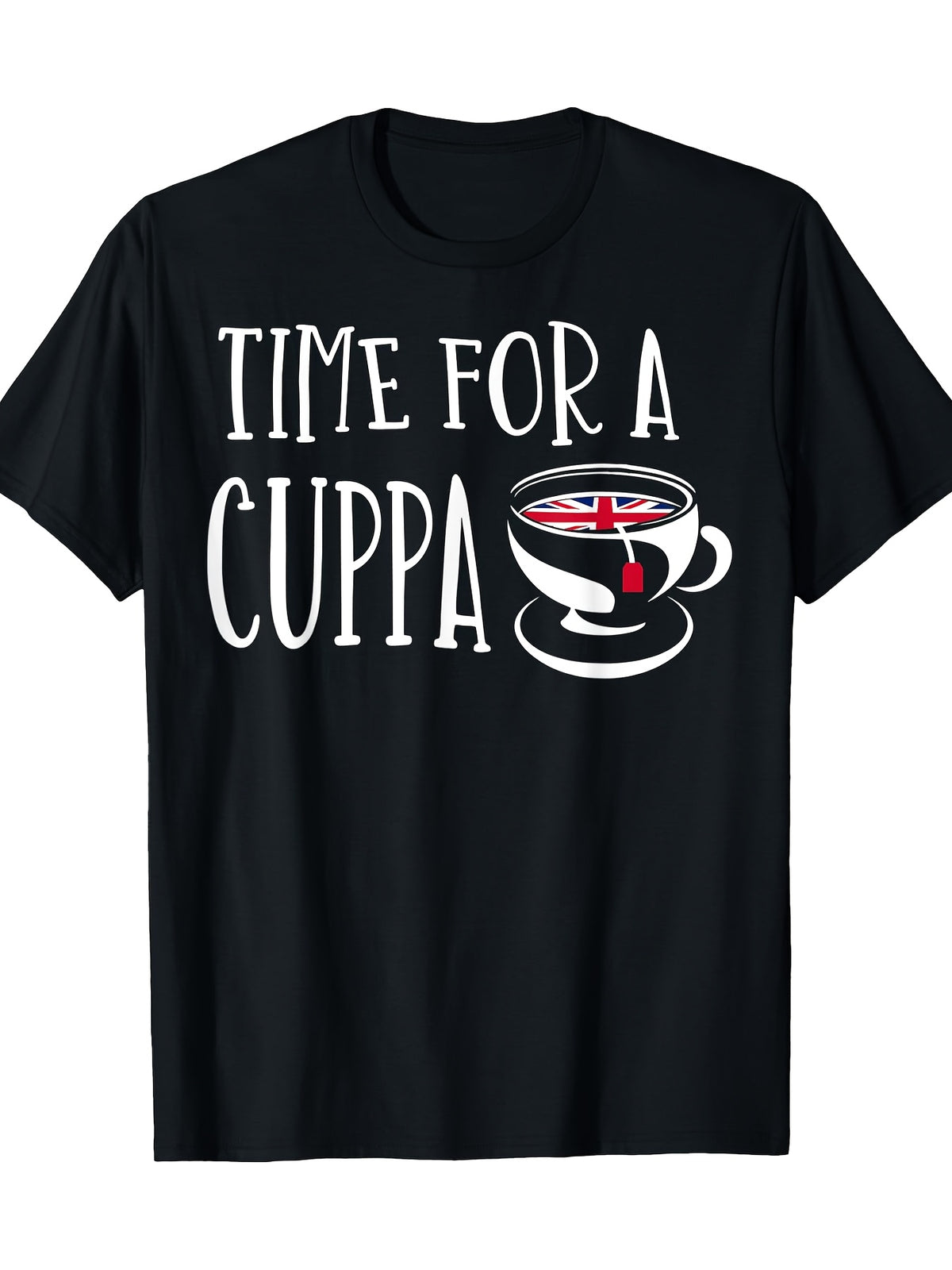 Men's "Time for a Cuppa" Graphic T-Shirt - Union Jack Tea Cup Design, 100% Cotton, Casual Round Neck Short Sleeve Tee, Black with White Print, Lightweight & Breathable for Casual Attire, Allseason Apparel | Union Jack Motif | Digital Heat Transfer