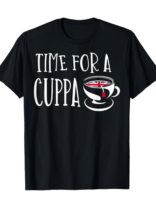 Men's "Time for a Cuppa" Graphic T-Shirt - Union Jack Tea Cup Design, 100% Cotton, Casual Round Neck Short Sleeve Tee, Black with White Print, Lightweight & Breathable for Casual Attire, Allseason Apparel | Union Jack Motif | Digital Heat Transfer
