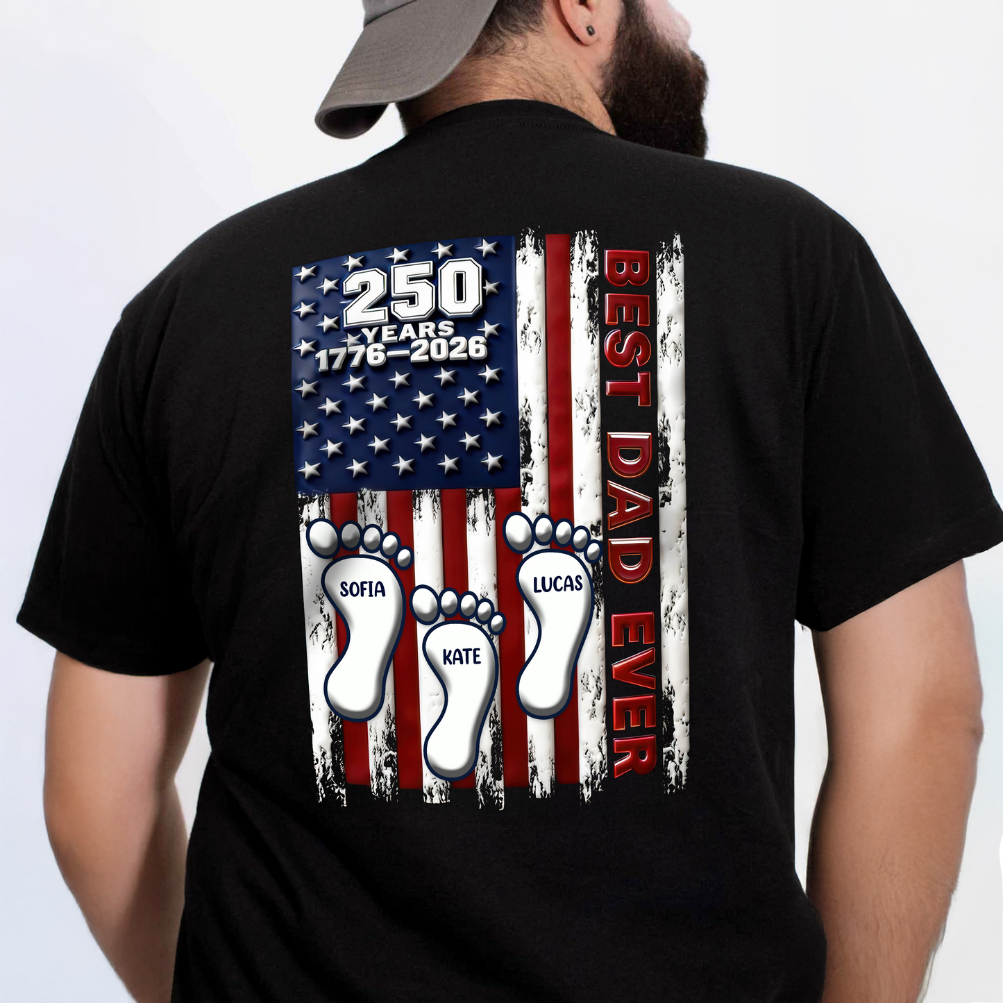 Best Dad Ever USA 250 Years Back Shirt, Custom Footprint Kids Names T-Shirt For Dad CH07 910994