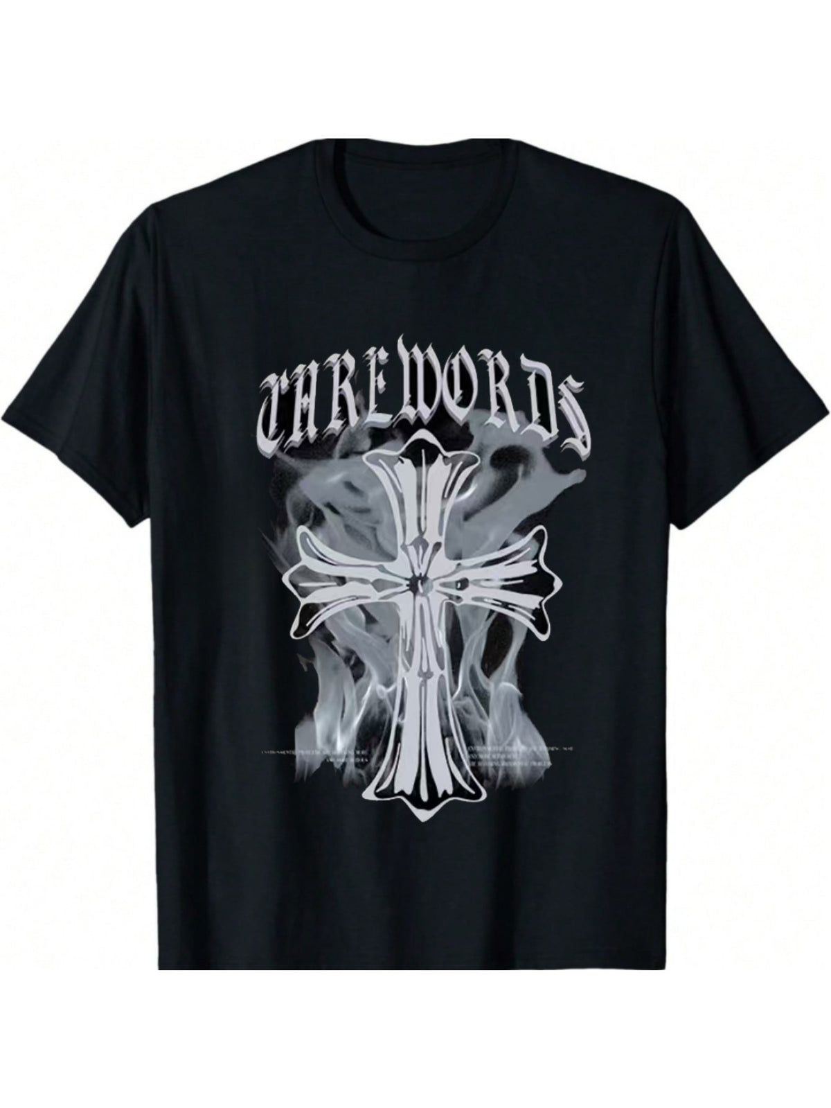 Men's Black Cross Print Cotton T-Shirt - 100% Cotton Relaxed Fit Short Sleeve Tee with "Threewords" Graphic, Lightweight 180gsm, Machine Washable, Casual Casual Attire, Mother's Day & Birthday Gift