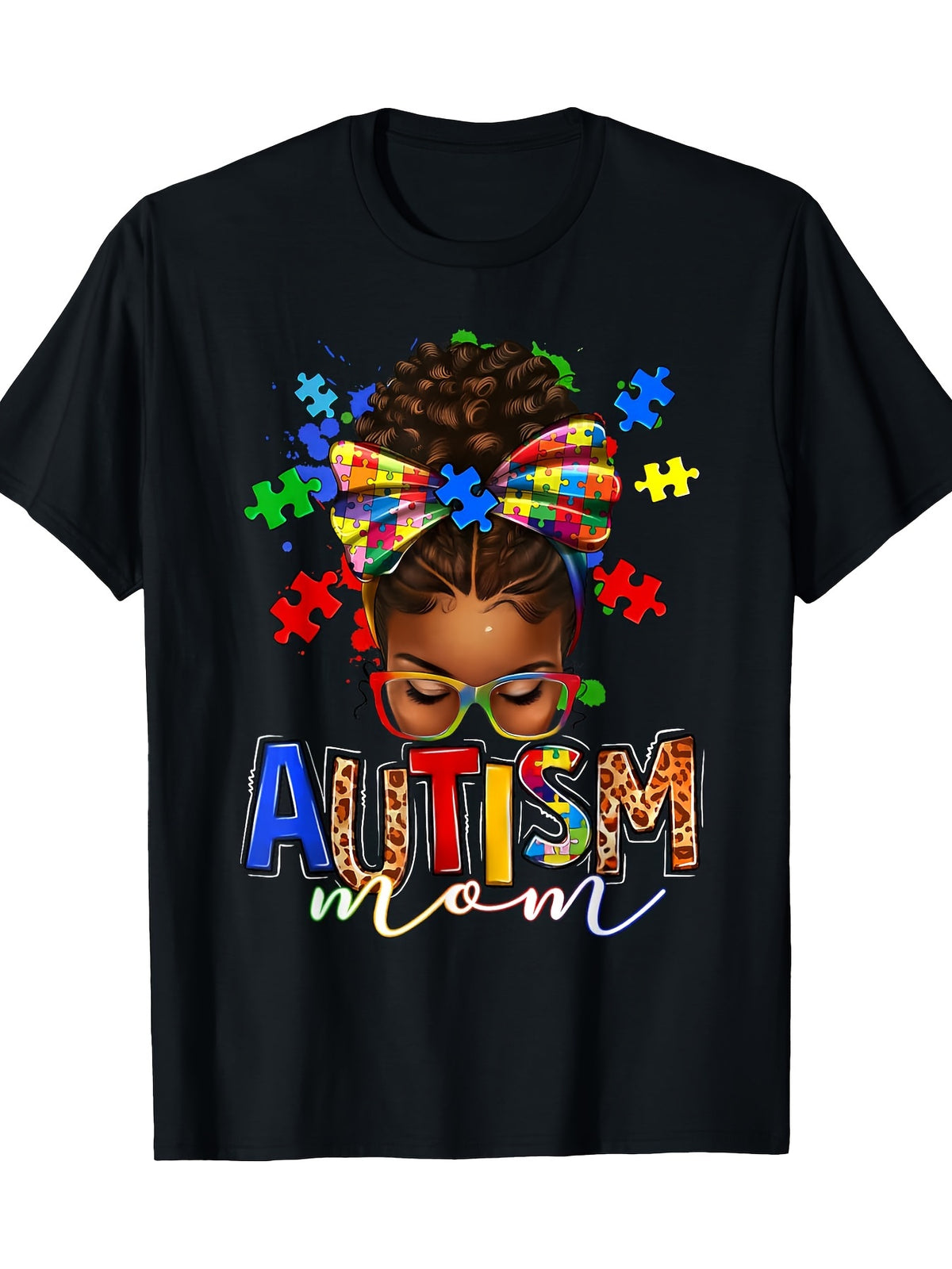 Autism Mom Messy Bun Black Women Autism Awareness Puzzle T-Shirt100% Cotton -220gT-Shirt